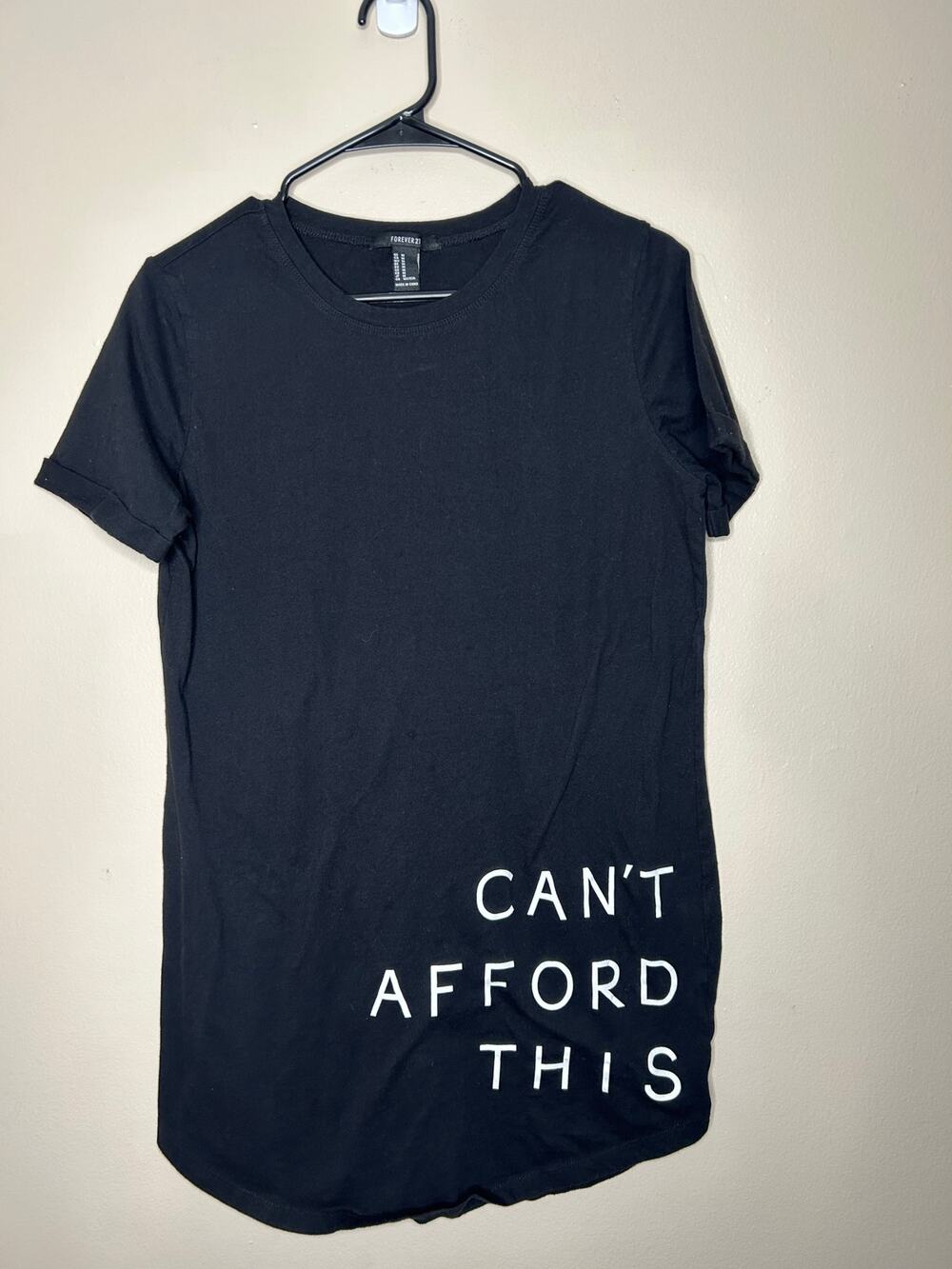 Women’s Size Medium Forever 21 Can’t Afford This Black T-Shirt Long Tee